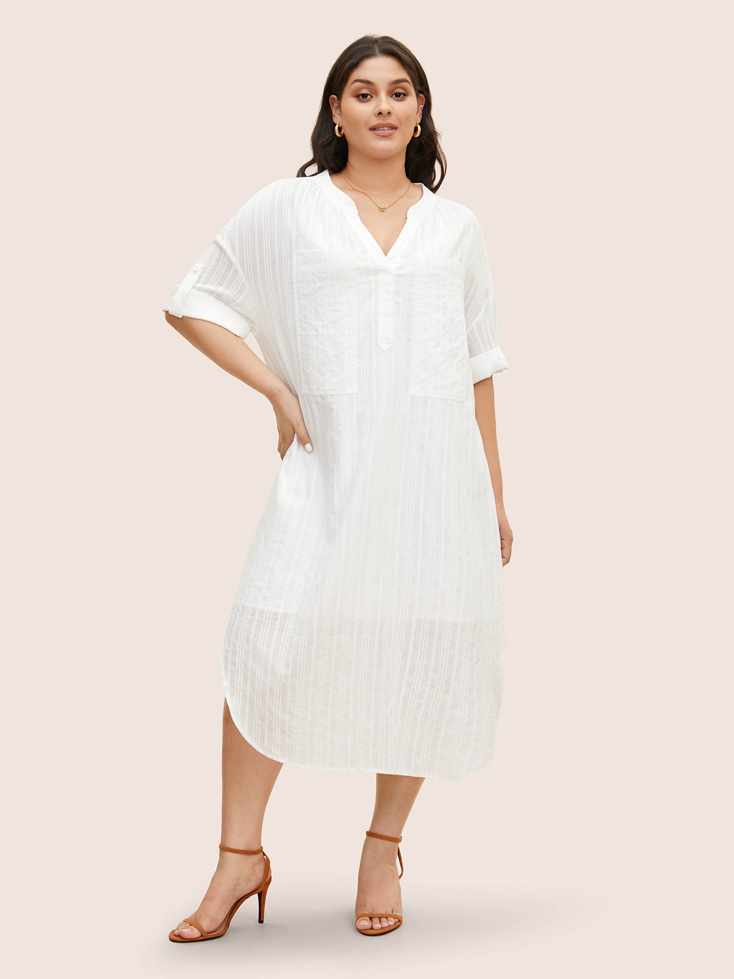 Notched Mesh Patched Pocket Button Cuff Sleeve Dress