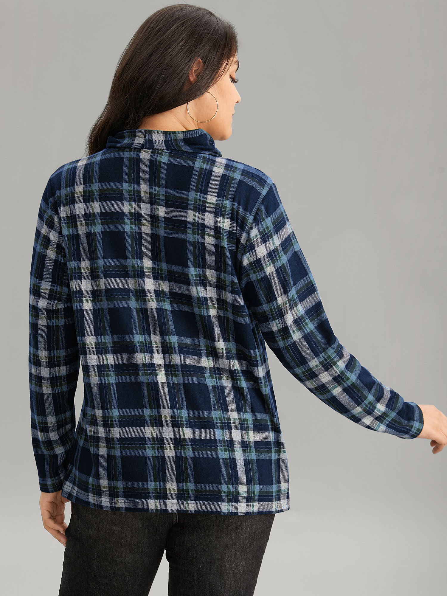 Plaid Funnel Neck Button Detail T-shirt