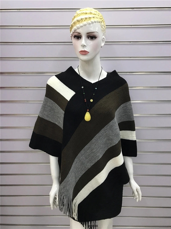 Women's Wear Tassel Pullover Midi Knitted Cloak Women's Winter Fashion Shawl Striped Sweater Coat