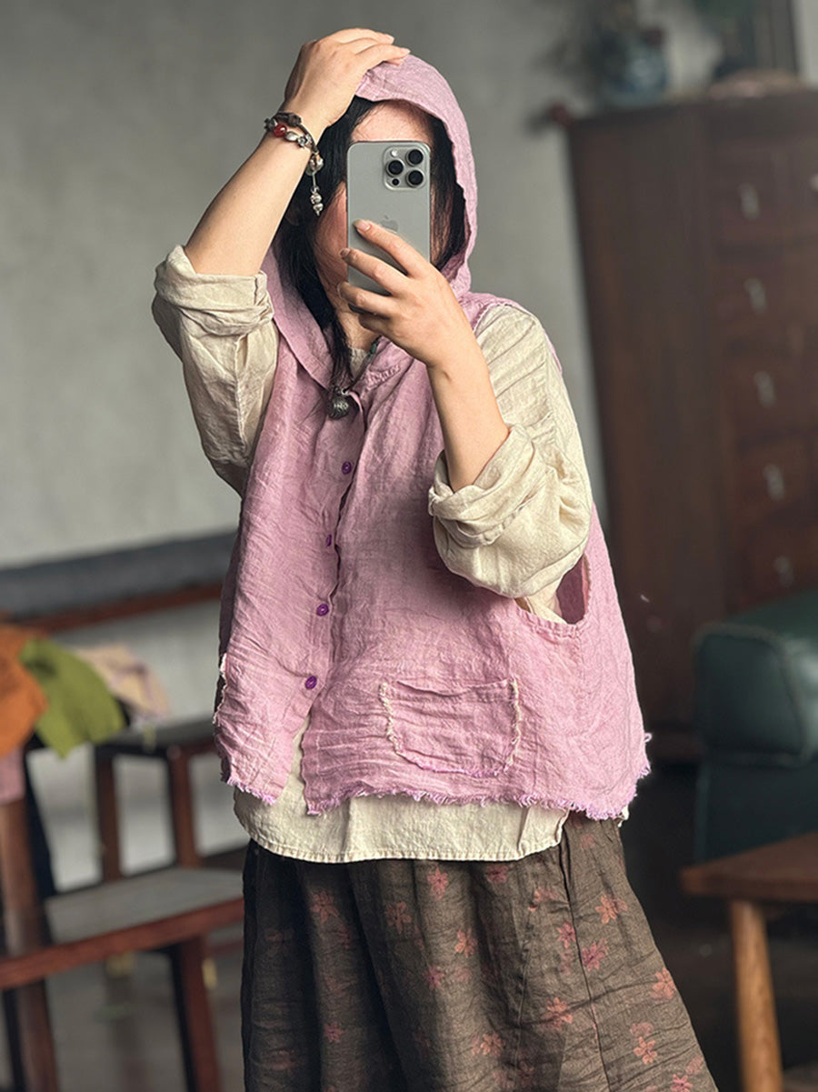 Plus Size Women Summer Vintage Pure Color Hooded Vest