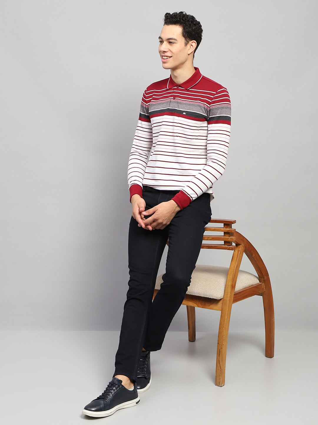 Men Maroo & White Stripe Collar Full Sleeve Winter T-Shirt