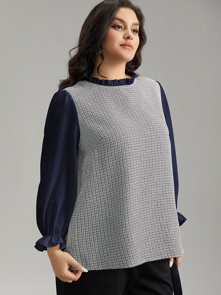Gingham Ruffles Patchwork Frill Trim Blouse