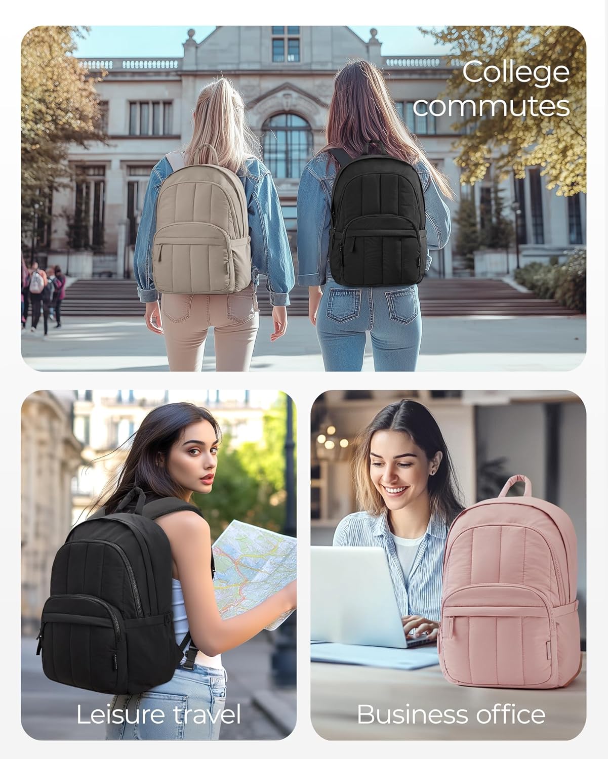 BAGSMAT Womens Backpack Travel Laptop Backpack for Women, Quilted College Laptop Bookbag, Work Back Pack for Women, Cute Computer Water-Resistant Casual Daypack, Puffer Champagne