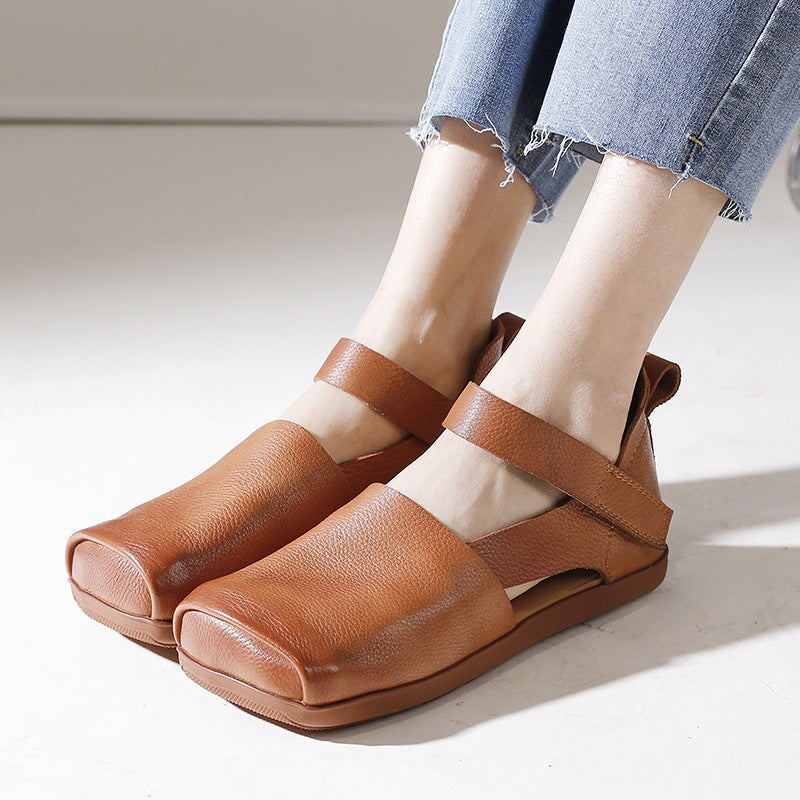 Leather Sandals Square Toe Touch-strap in Brown/Beige/Black