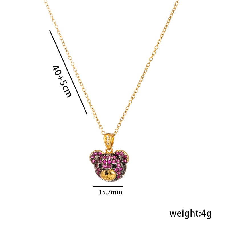 Simple And Fashionable 18K Gold-Plated Colorful Bear Necklace For Women With Full Diamond Cute Animal Pendant Titanium Steel Clavicle Chain