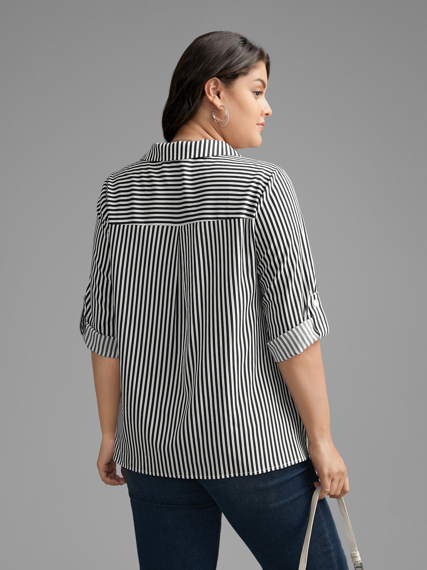 Striped Button Cuff Sleeve Split Hem Blouse