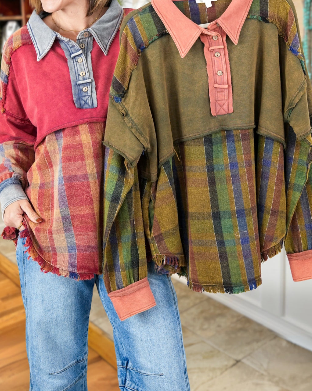 Patchwork Washed Plaid Colorblock Pullover