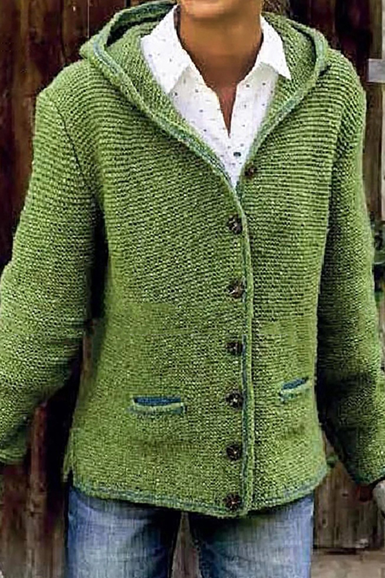 Vintage Double Pocket Hooded Solid Sweater Cardigan