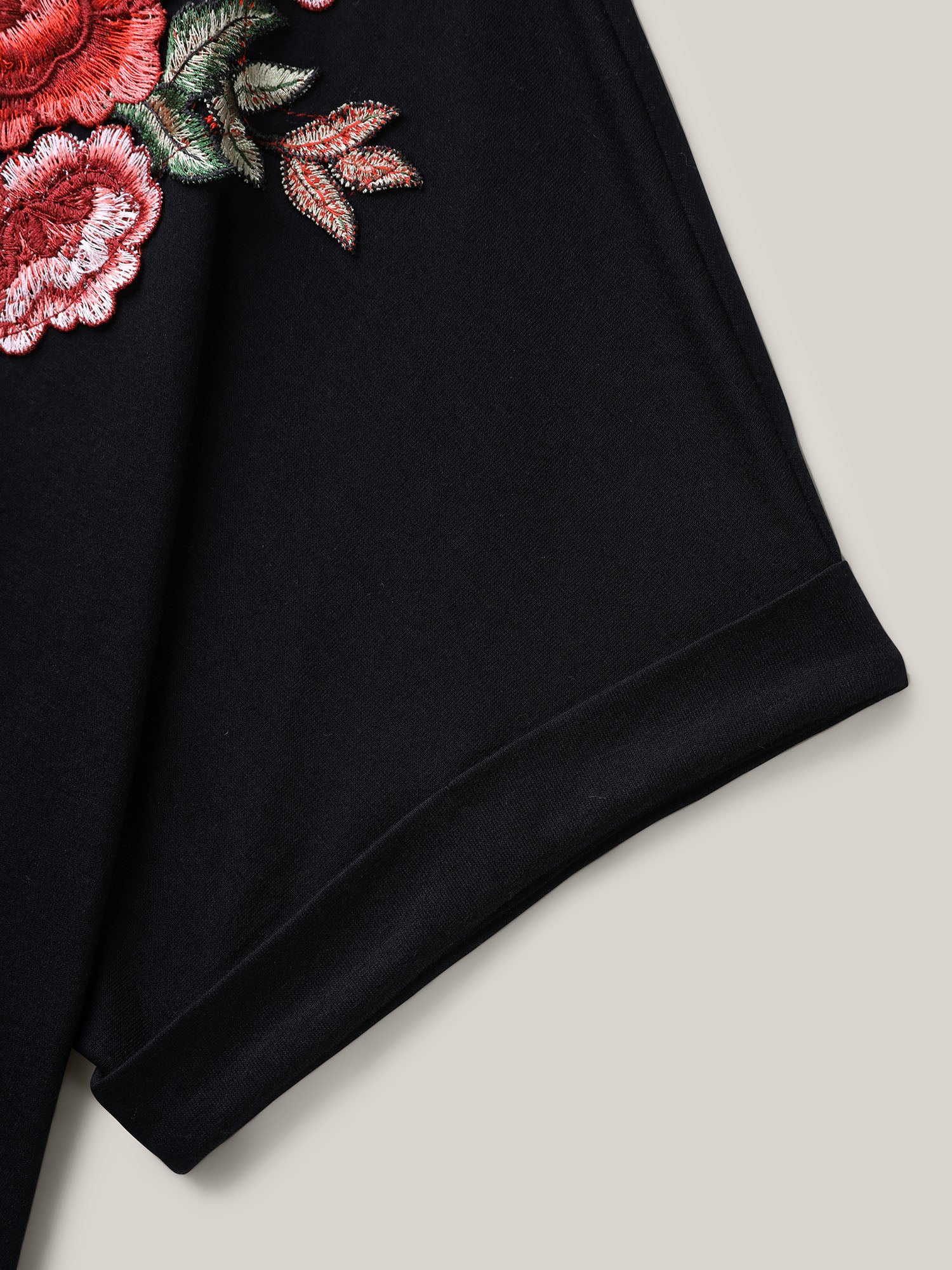Floral Detail Stretchy Knit Plain Top