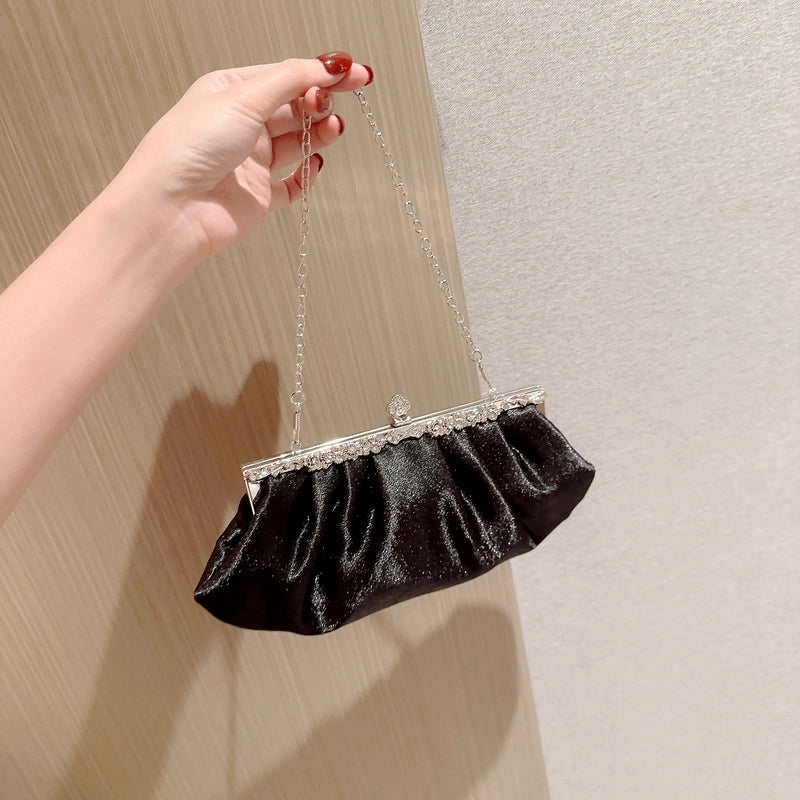 Apricot Silver Black Suede Solid Color Rhinestone Dumpling Shape Evening Bags