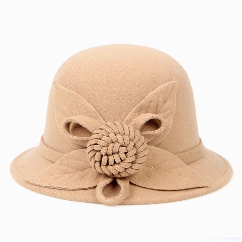 Autumn And Winter Woolen Top Hat Women's Dome Top Hat Solid Color Woolen Hat  Fashion Flower Lady Temperament Basin Hat