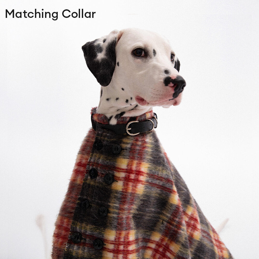 Vintage Plaid Wool With Refined Leather Collar & Button Dog Cape