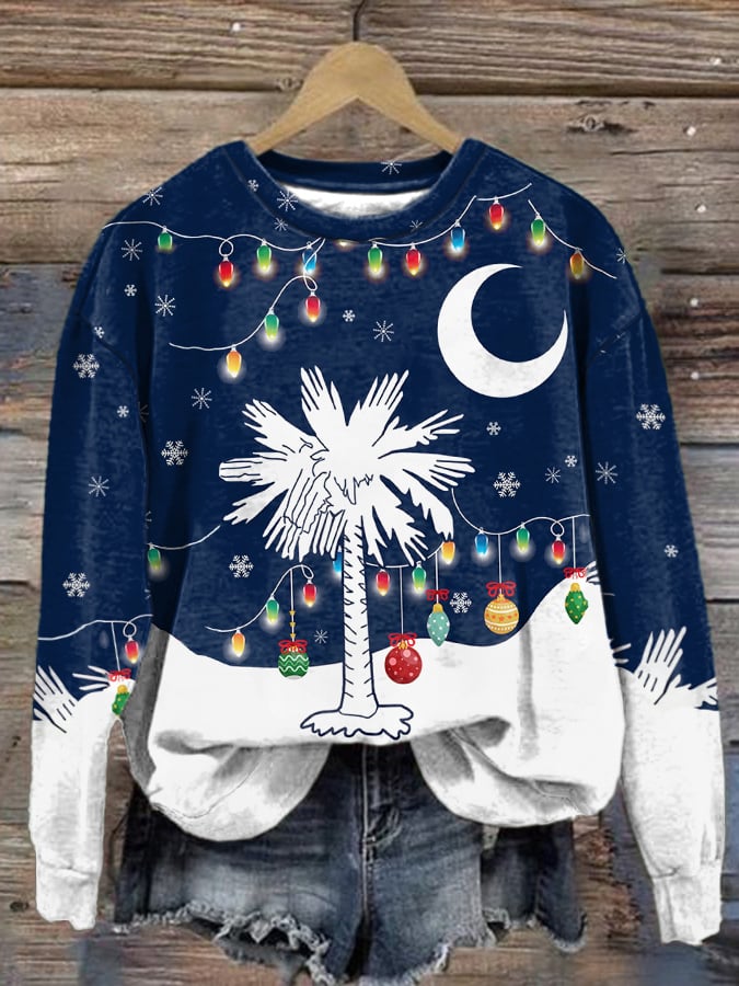 Retro South Carolina Christmas Palm Tree Print Sweatshirt