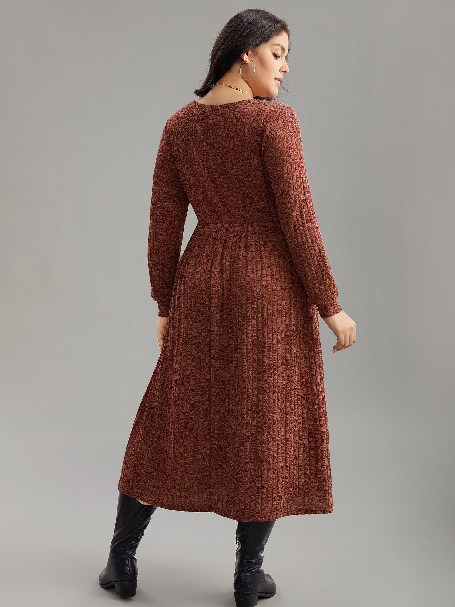 Rib Knit Plain Plisse Long Sleeve Dress