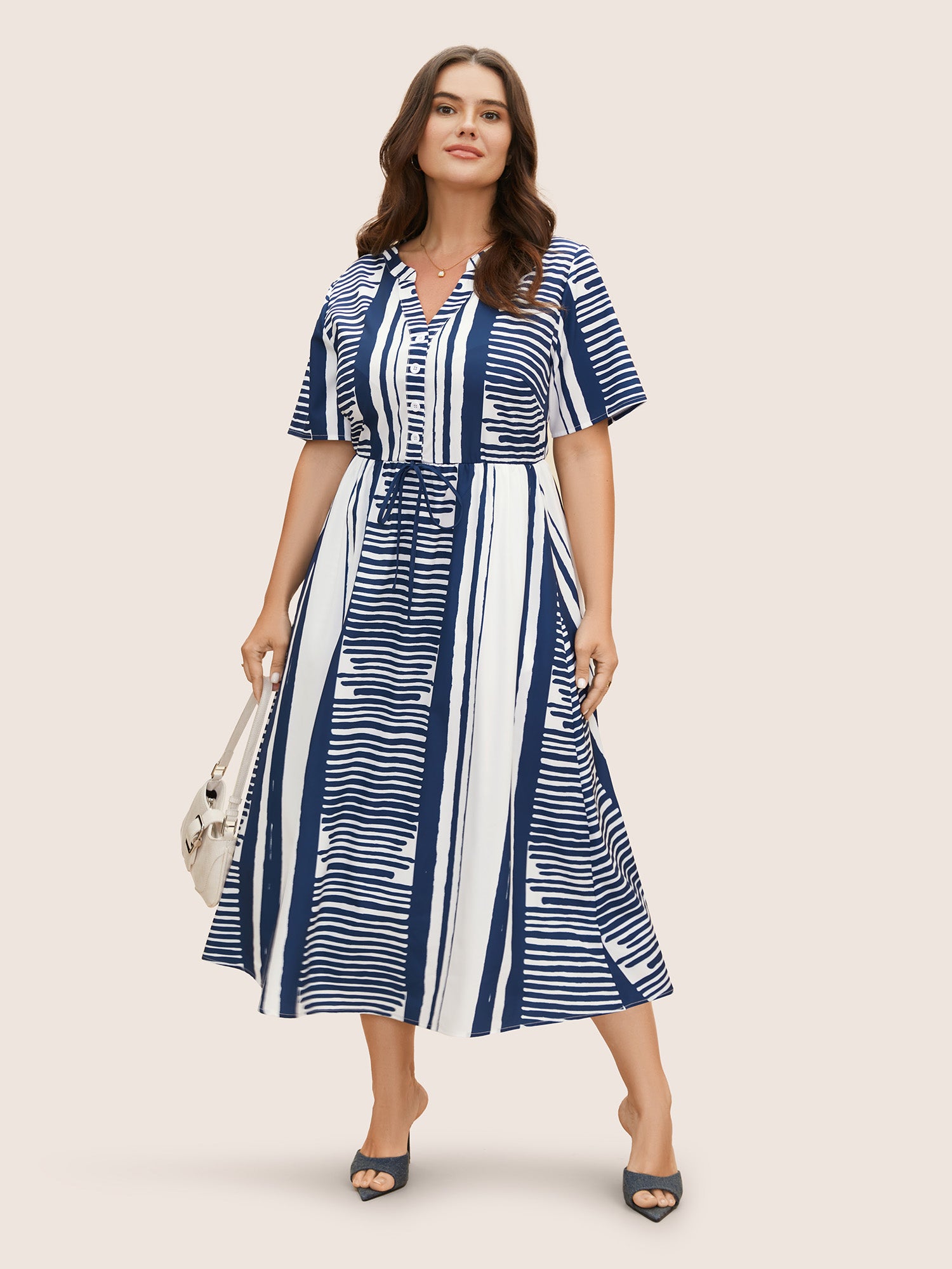 Notched Collar Striped Patchwork Drawstring Dress