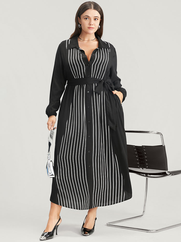 Striped Contrast Pocket Button Detail Belted Dress