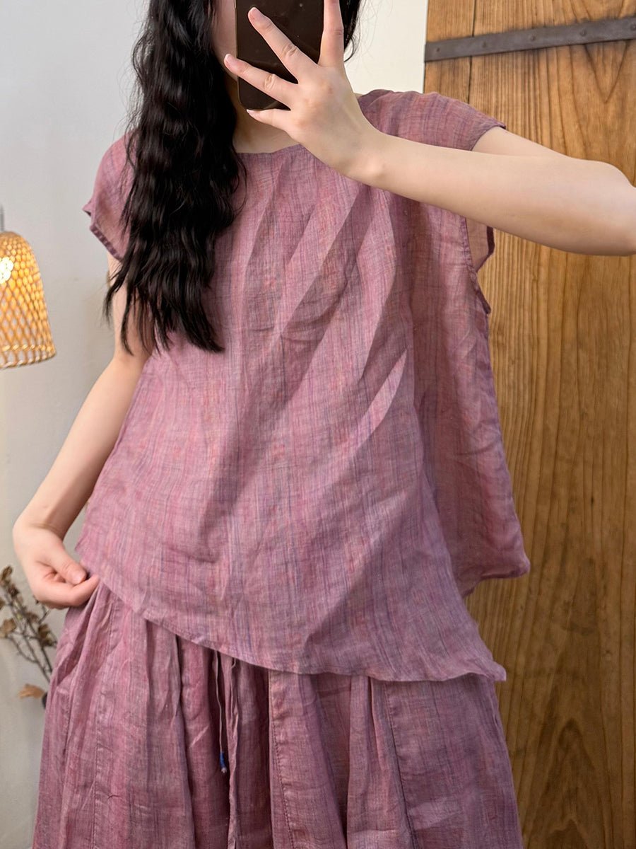 Women Summer Stripe Ramie Irregular Hem O-Neck Shirt