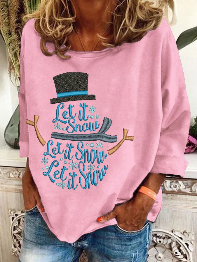 Women's Christmas Let It Snow Snowman Print T-Shirt