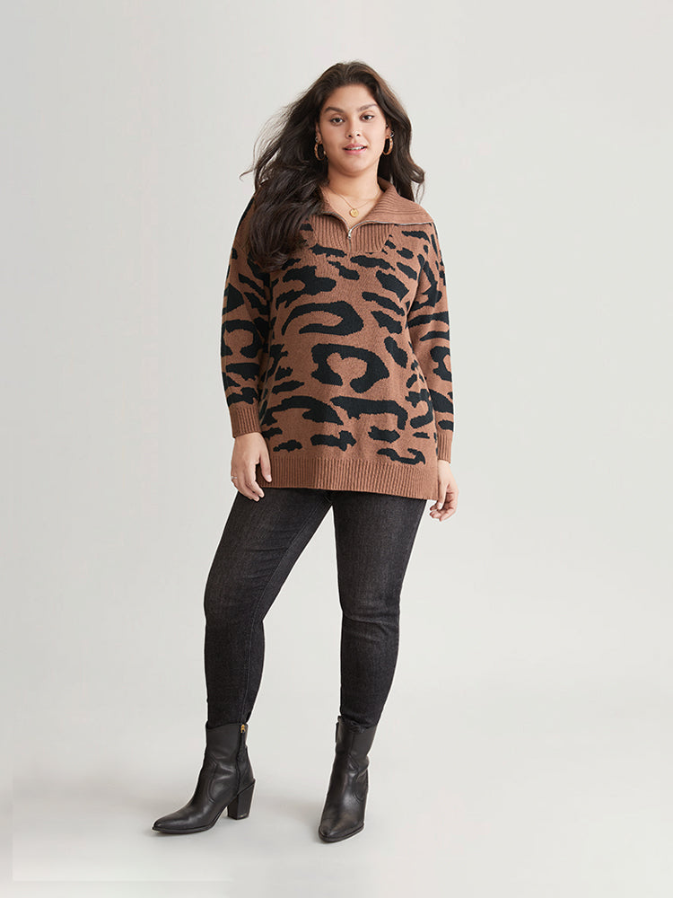 Leopard Graphic Half Zip Polo Knit Pullover