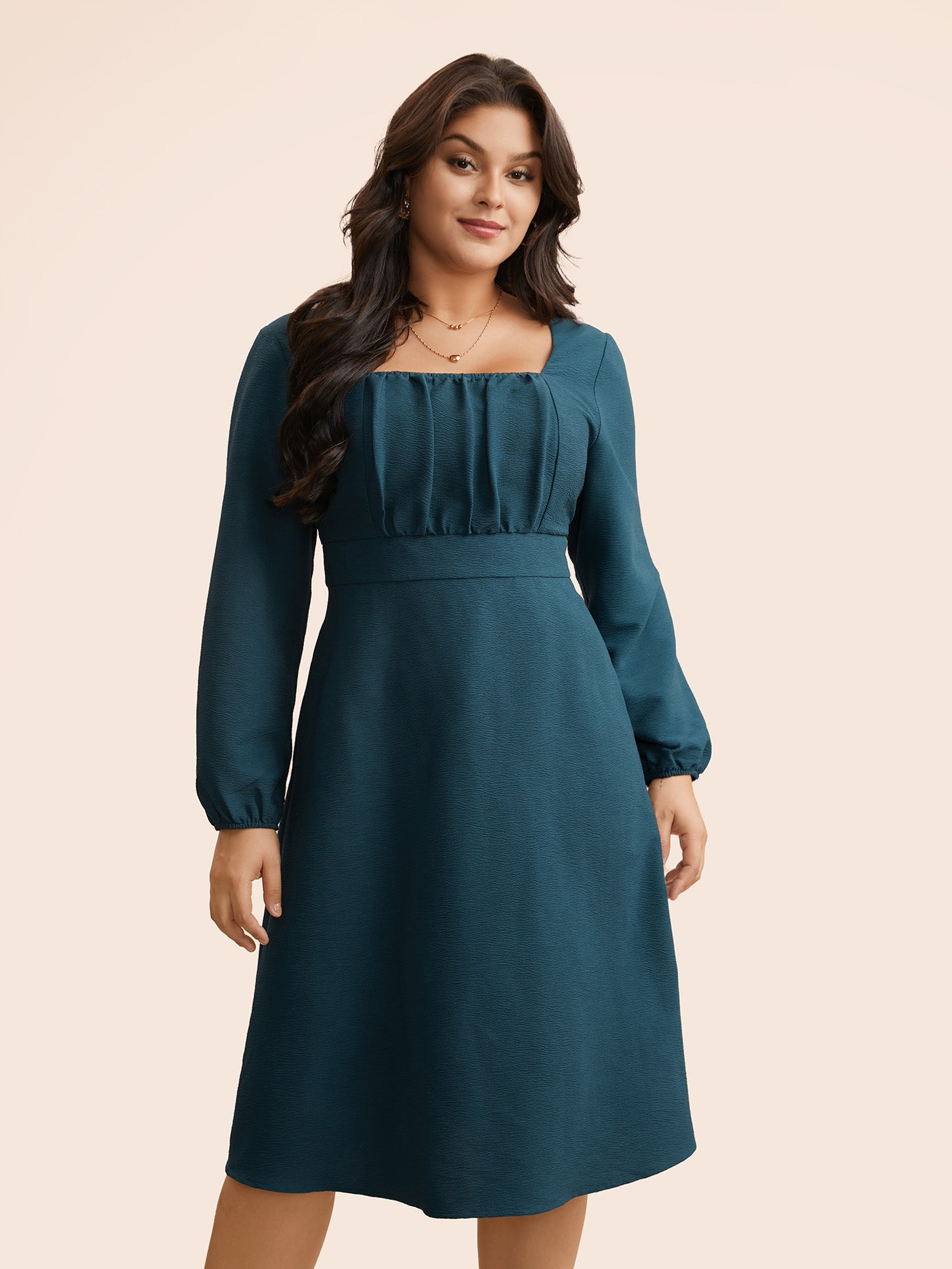 Square Neck Textured Gathered Dress