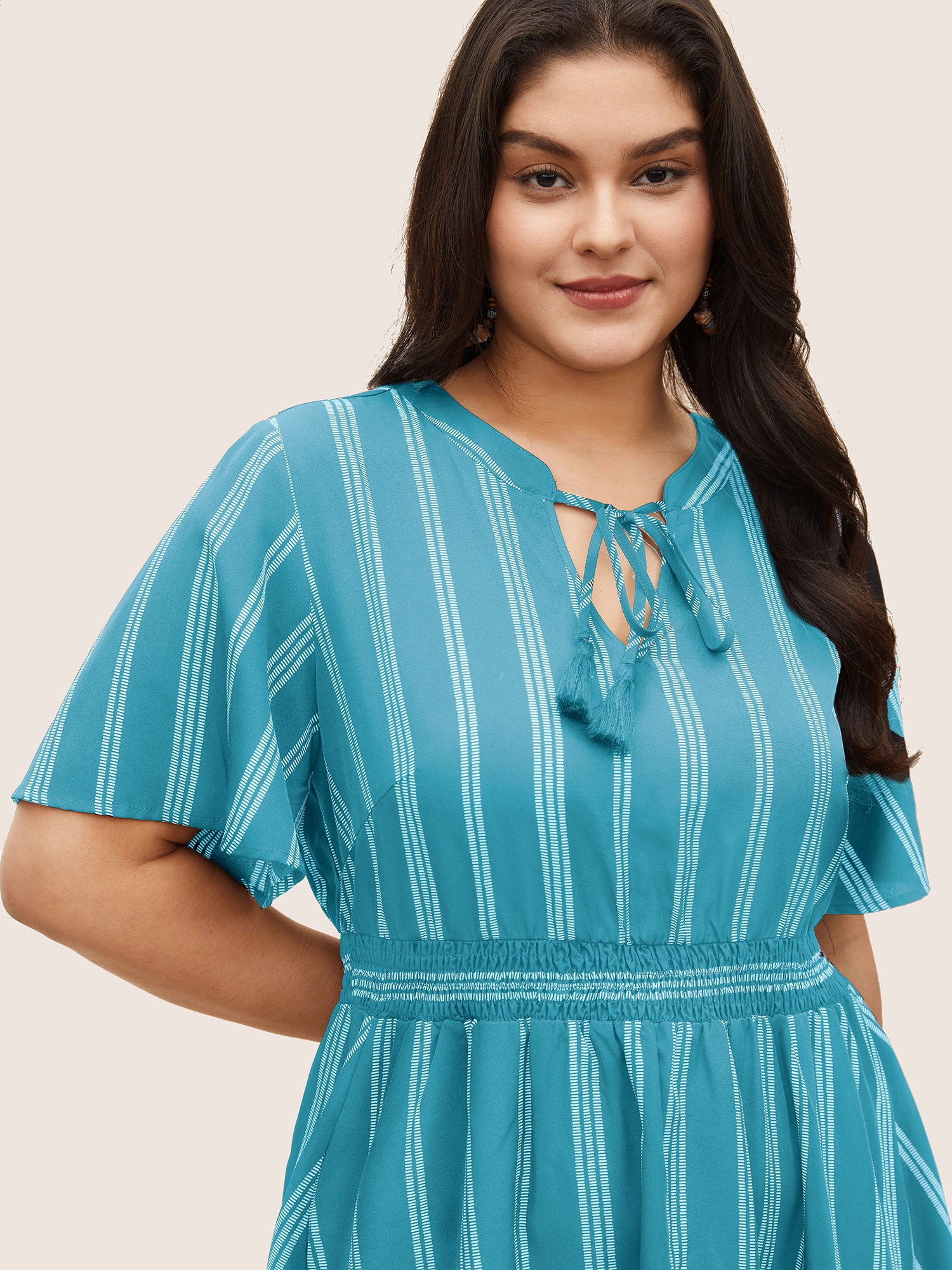 Striped Patchwork Tassels Ties Shirred Dress