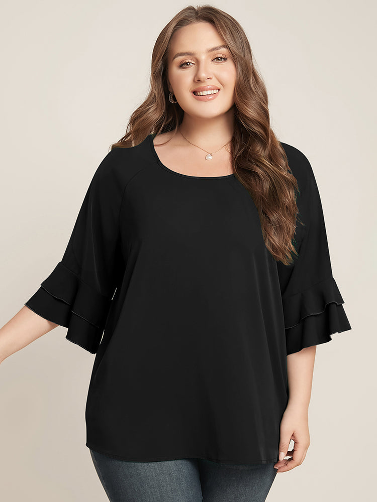 Plain Ruffle Tiered Round Neck Blouse