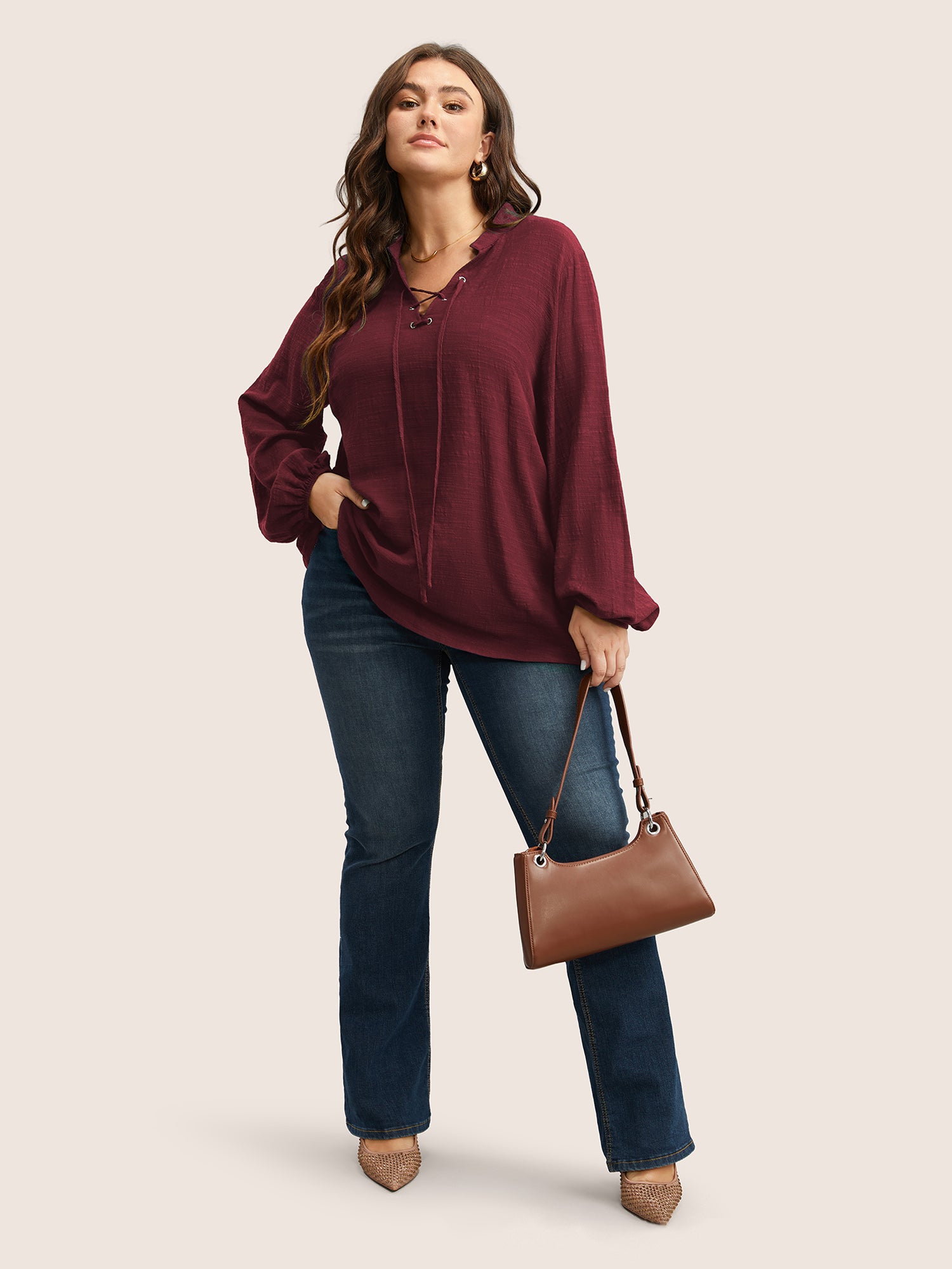 Plain Lace Up Lantern Sleeve Blouse