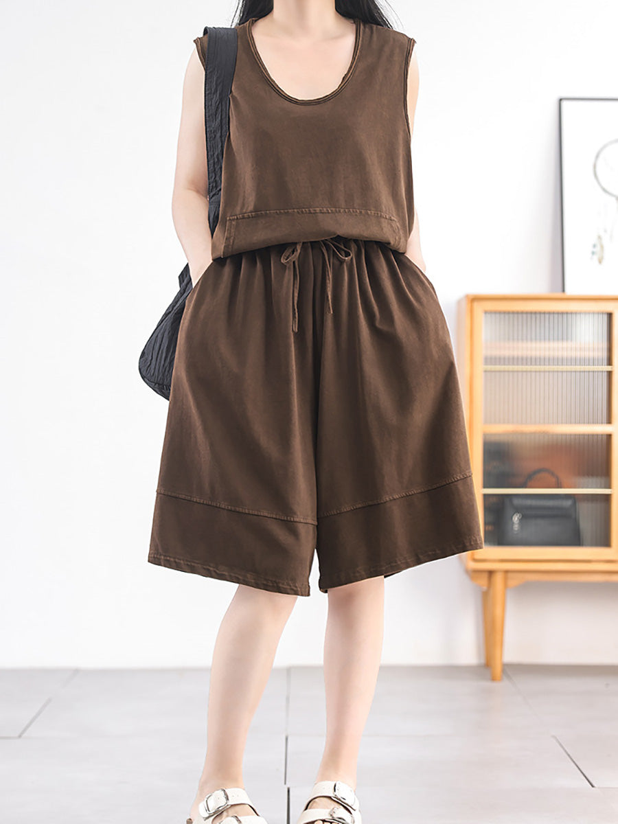 Women Summer Retro Pure Color Cotton Fifth Pants