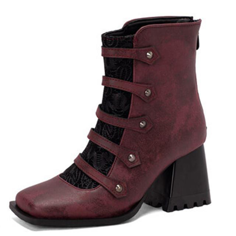 Colorblock Button Decor Square Toe Chunky Heels Ankle Boots