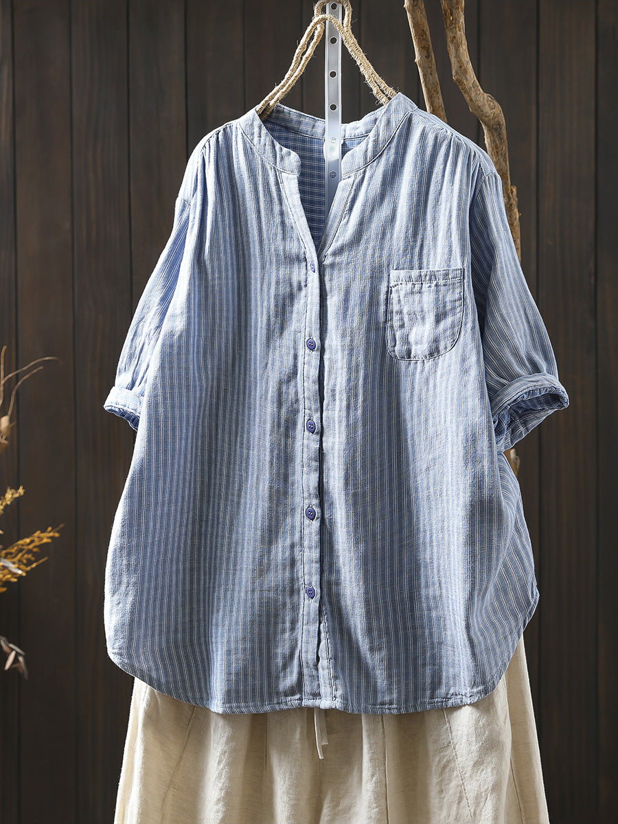 Women Summer Casual Stripe V-Neck 100%Cotton Shirt