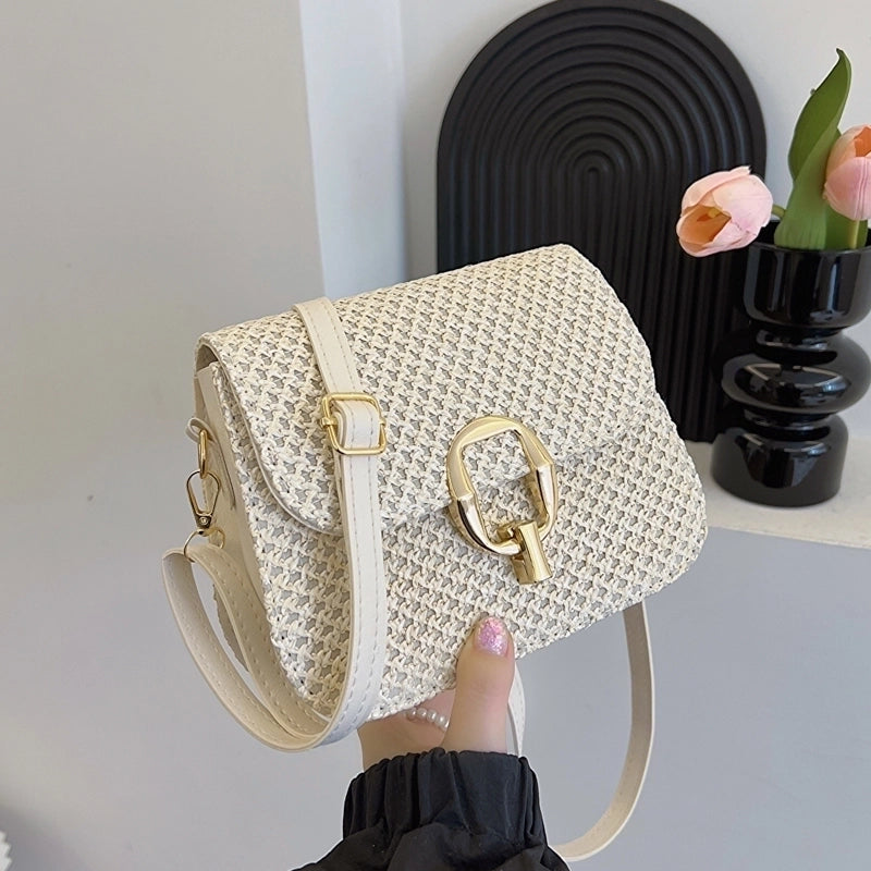 Women's Medium Straw Solid Color Basic Vacation Square Flip Cover Crossbody Bag