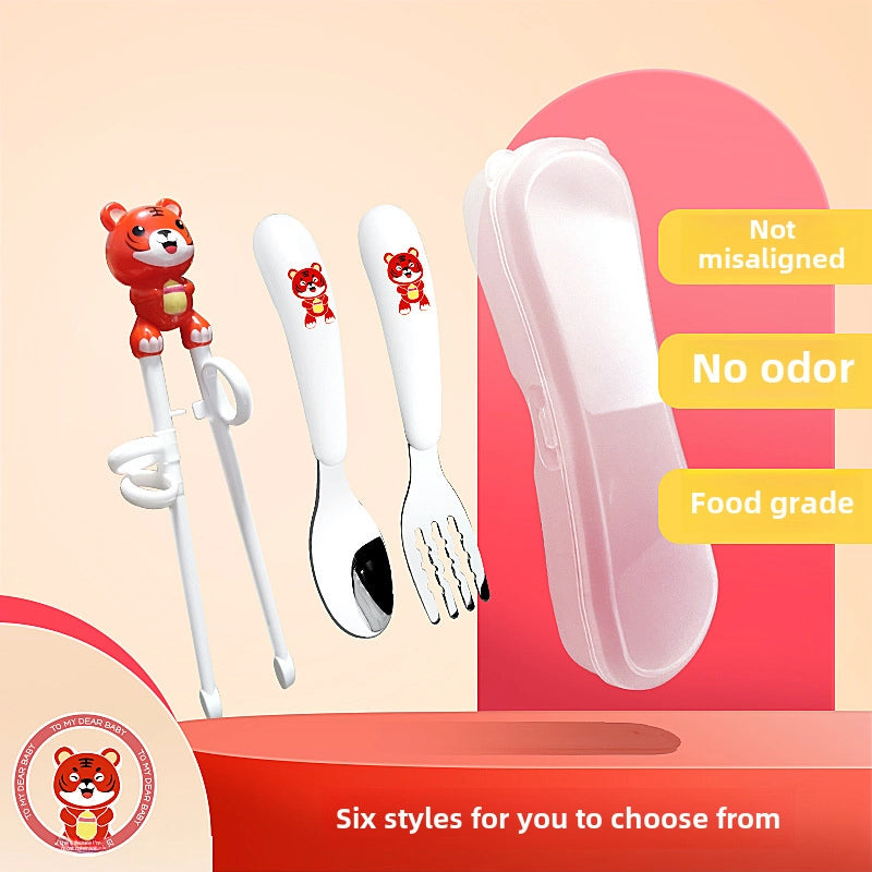 Portable Feeding Children's Tableware Set Cartoon Learning Chopsticks Training Chopsticks 304 Stainless Steel Spoon Fork