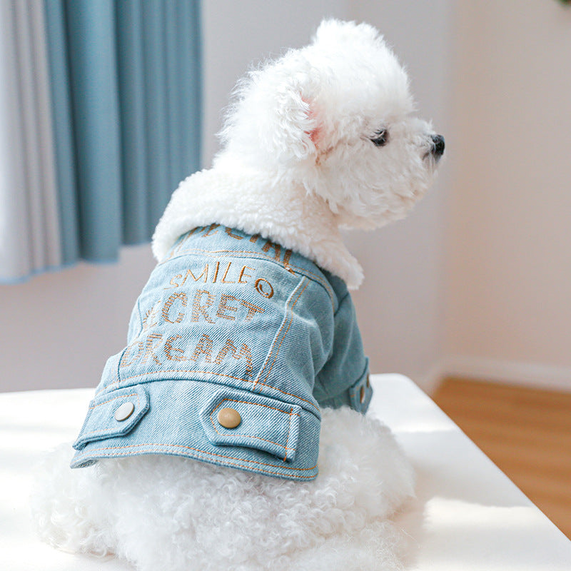 Letter Printed Fleece Denim Pet Coat