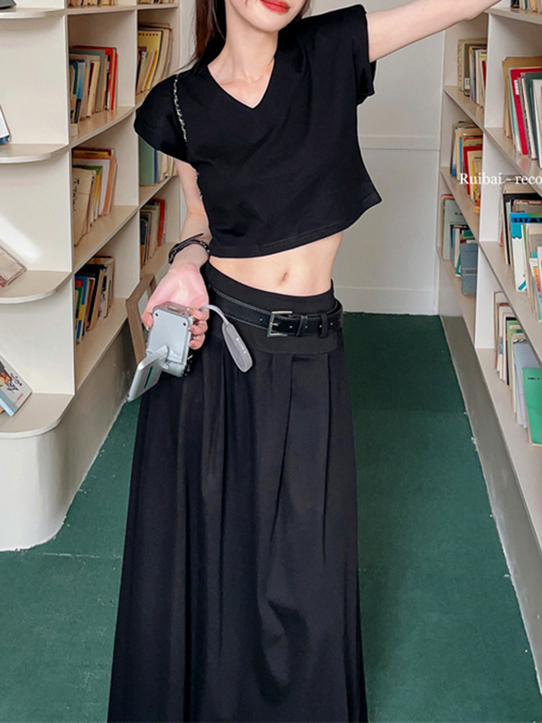 A-Line High Waisted Belted Pleated Solid Color Skirts Bottoms