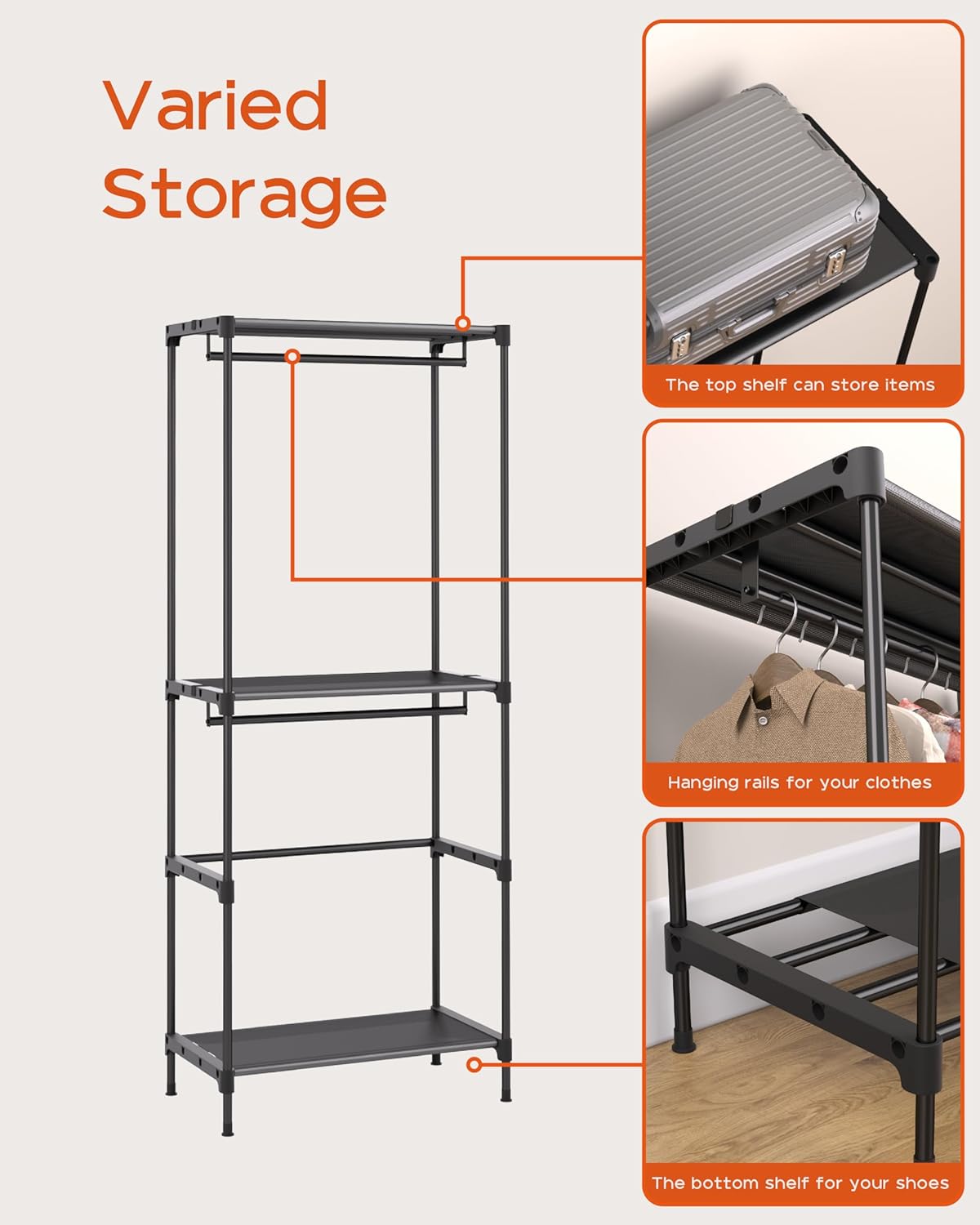 Clothes Rack, Portable Closet, 54.3 Inch Large Capacity Wardrobe Closet, Clothes Storage Organizer with Shelves and 3 Hanging Rods, Easy to Assembly, Black PCT022B01
