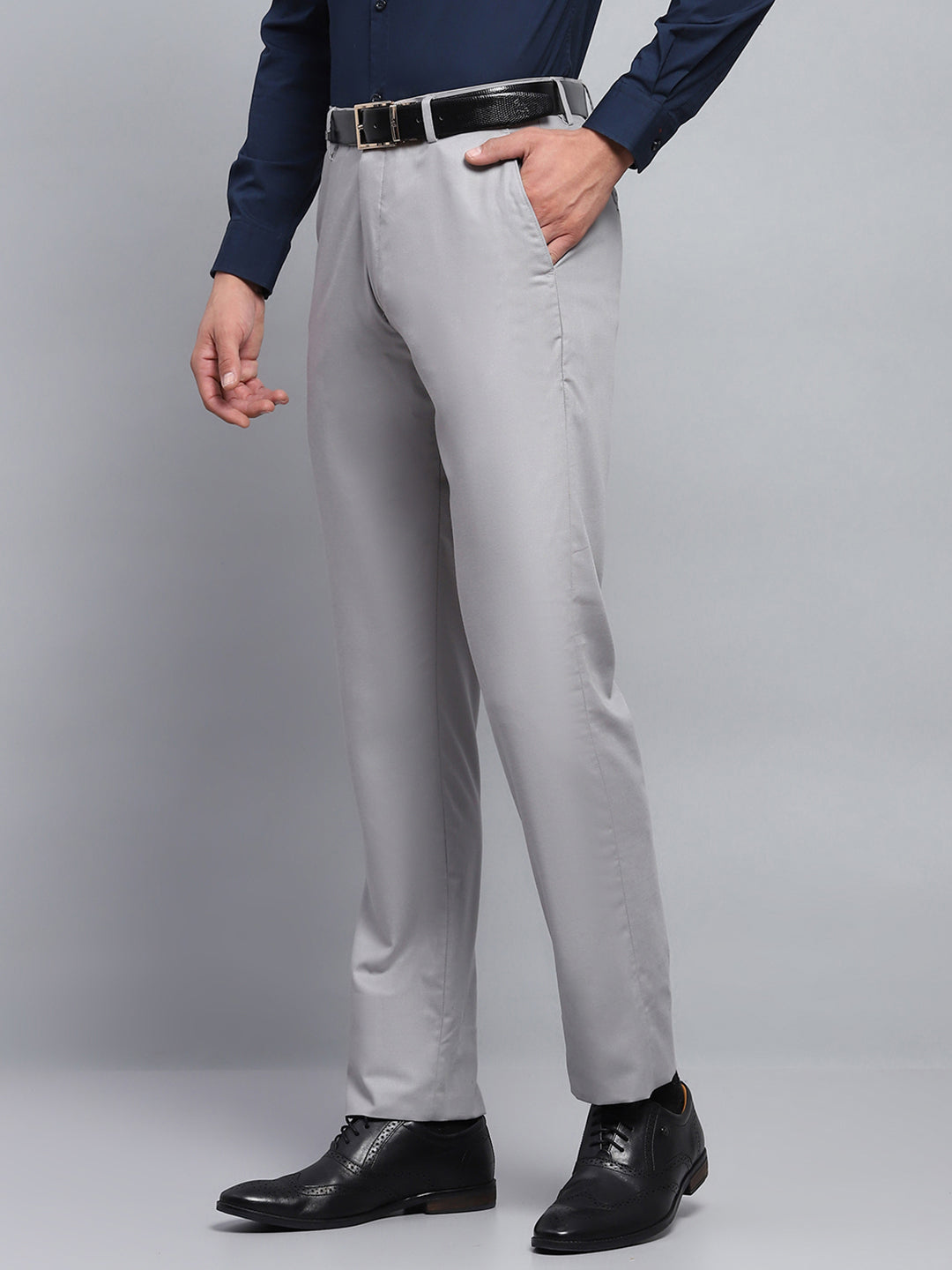 Men Grey Solid Smart Fit Trouser