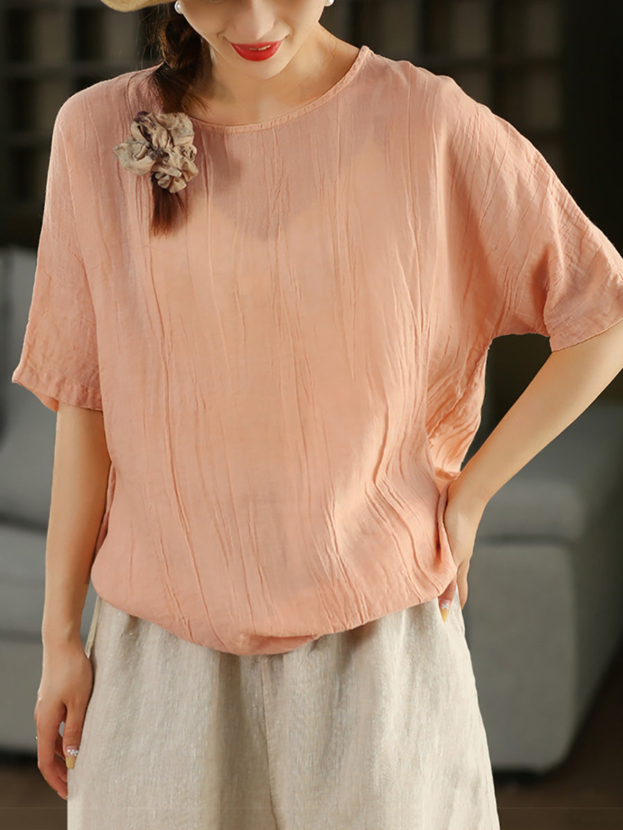 Women Summer Casual Pure Color O-Neck Shirt