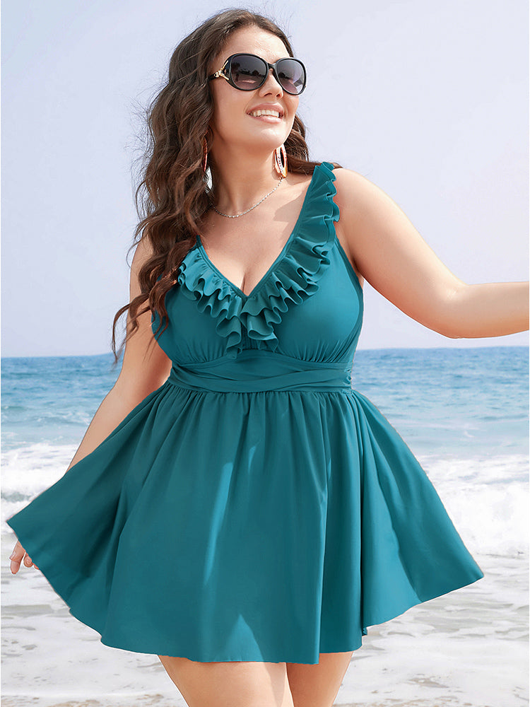 Ruffle Trim Adjustable Straps Gathered Sculpt Waist Swim Dress