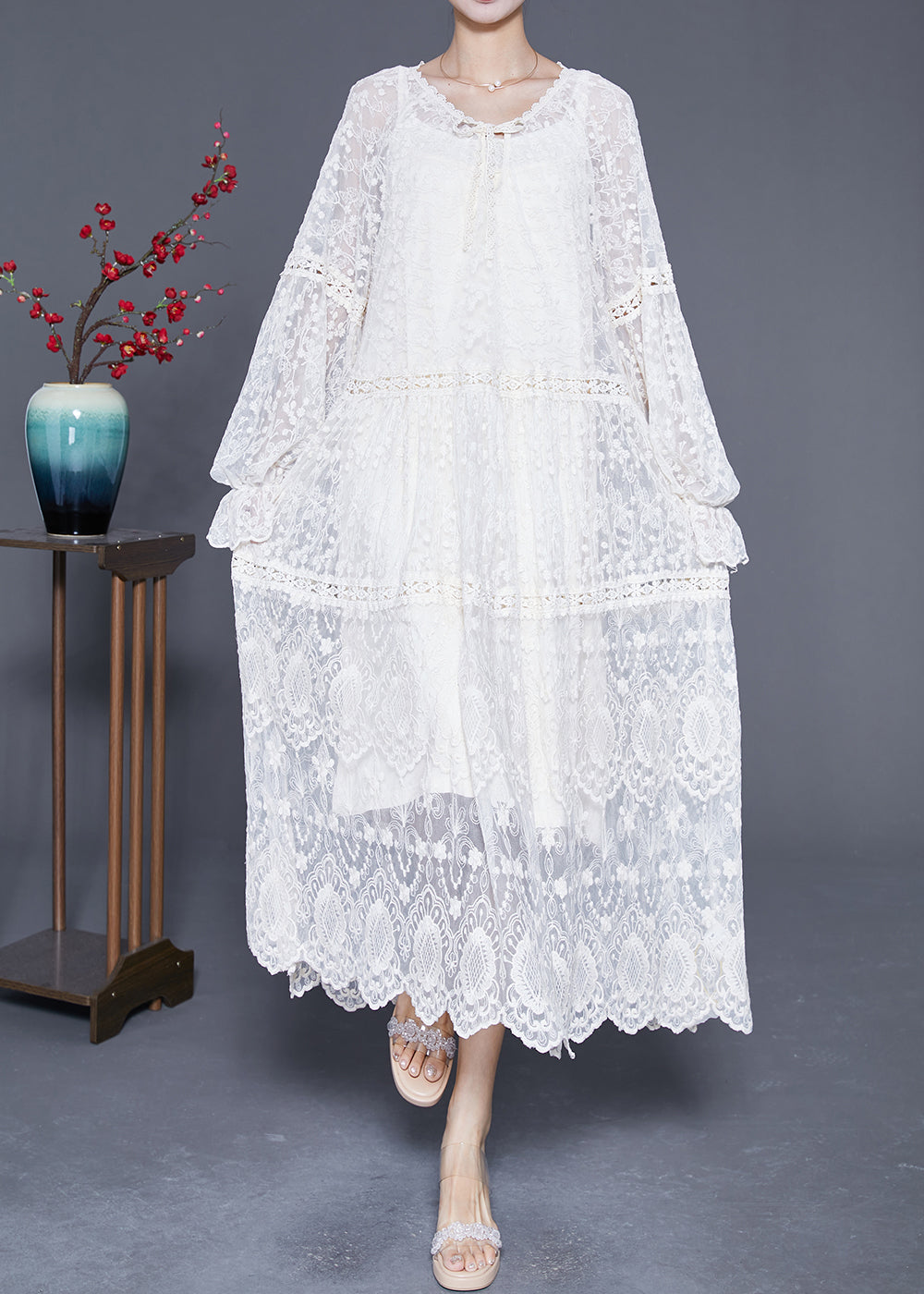Bohemian beige Embroidered Patchwork Hollow Out Lace Maxi Dress Lantern Sleeve