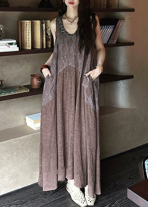Coffee Tulle Patchwork Cotton Long Dresses O Neck Summer