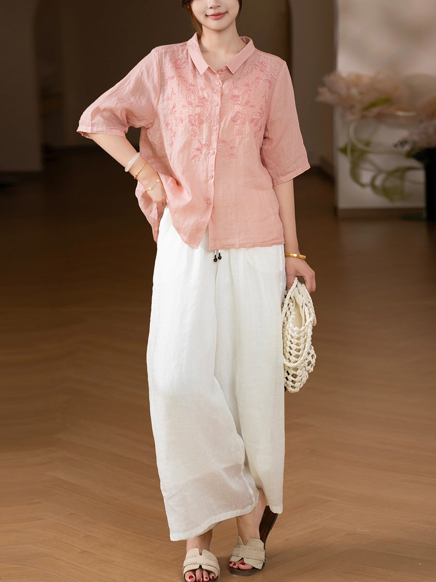 Women Summer Artsy Embroidery 100%Ramie Shirt