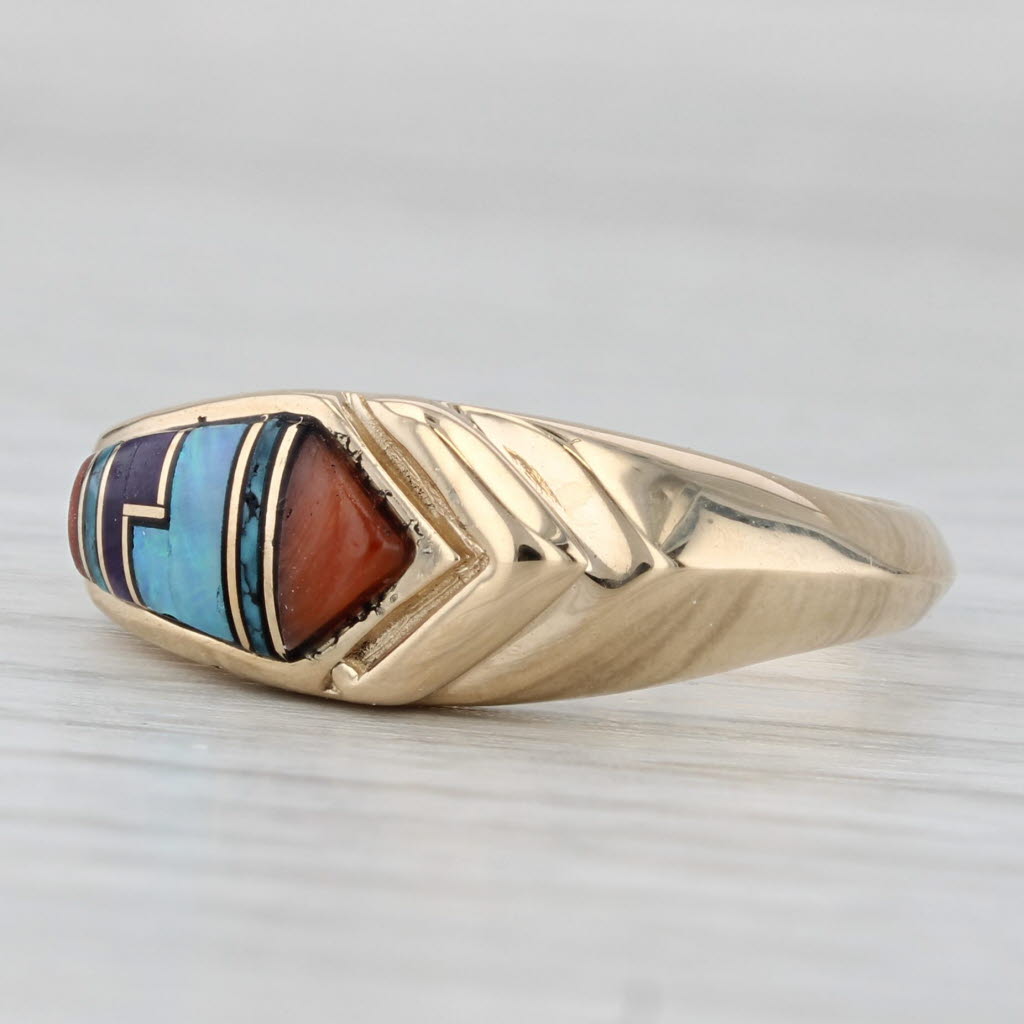 Stone Mosaic Ring 14k Yellow Gold Size 6.75 Coral Turquoise Opal Sugilite Resin