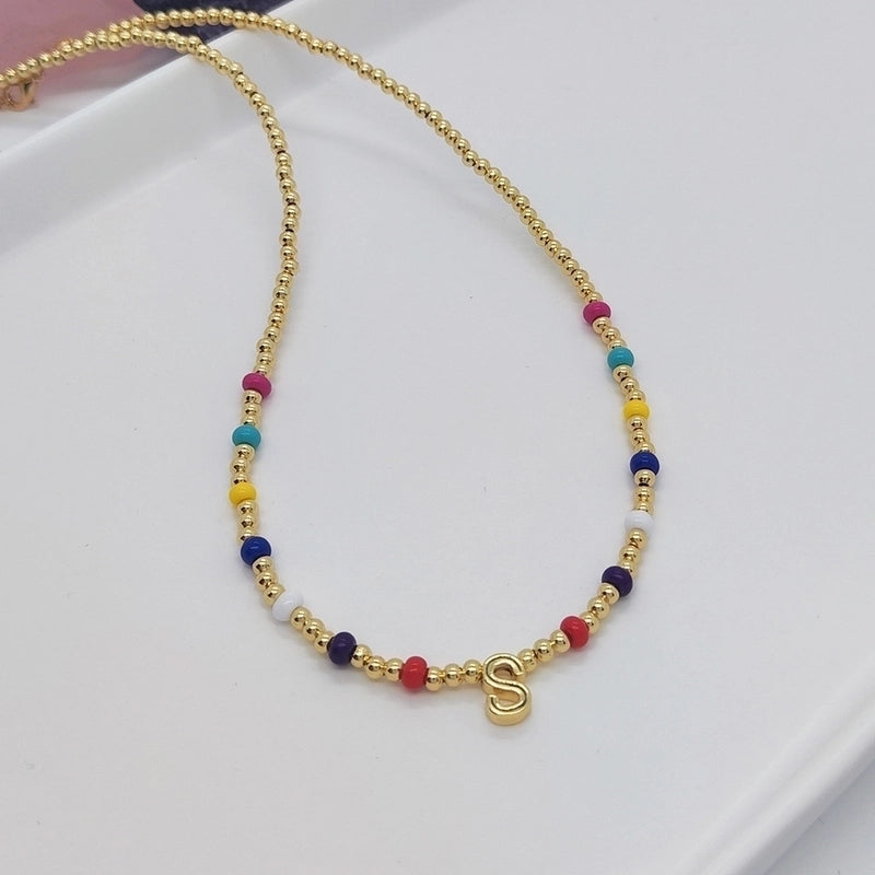 Ig Style Minimalist Letter Glass Copper Beaded Knitting Plating 18k Gold Plated Necklace