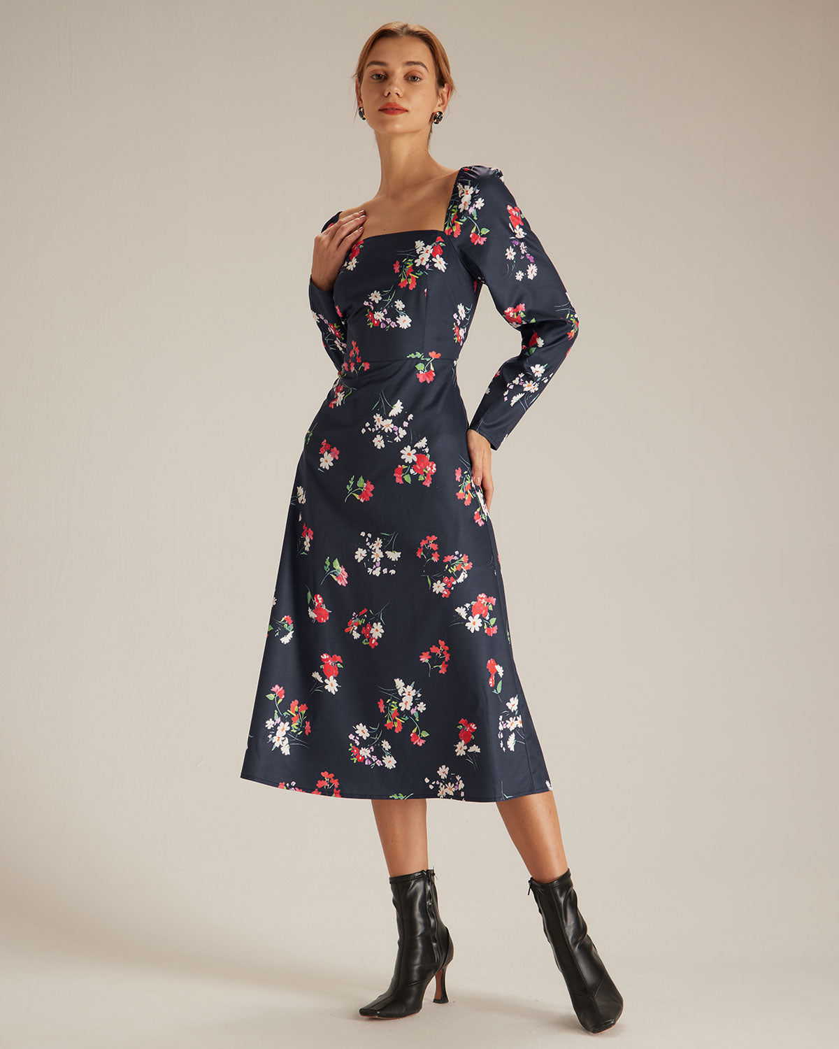 The Navy Square Neck Floral Shirred Midi Dress