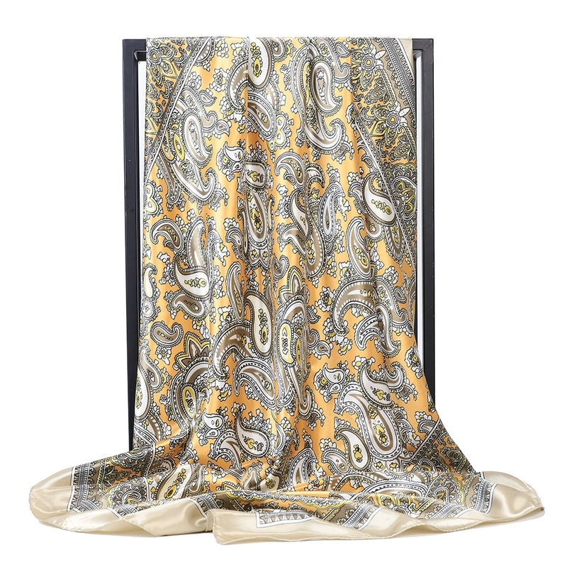 Women's Elegant Retro Flower Satin Printing Silk Scarf