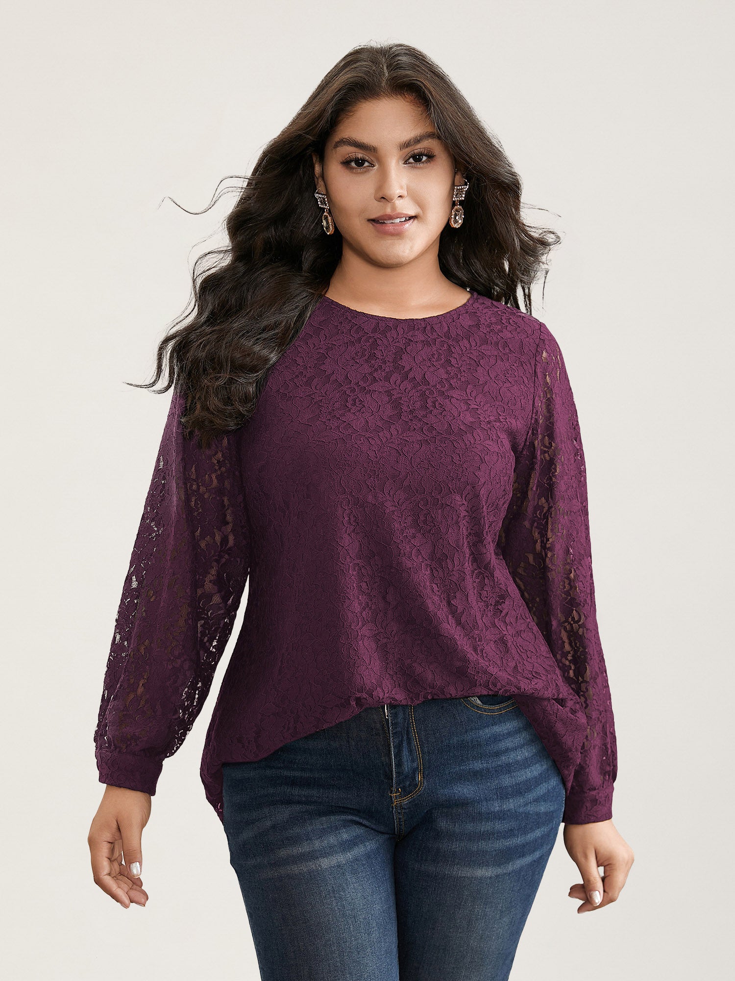 Solid Crochet Lace Mesh Crew Neck Blouse