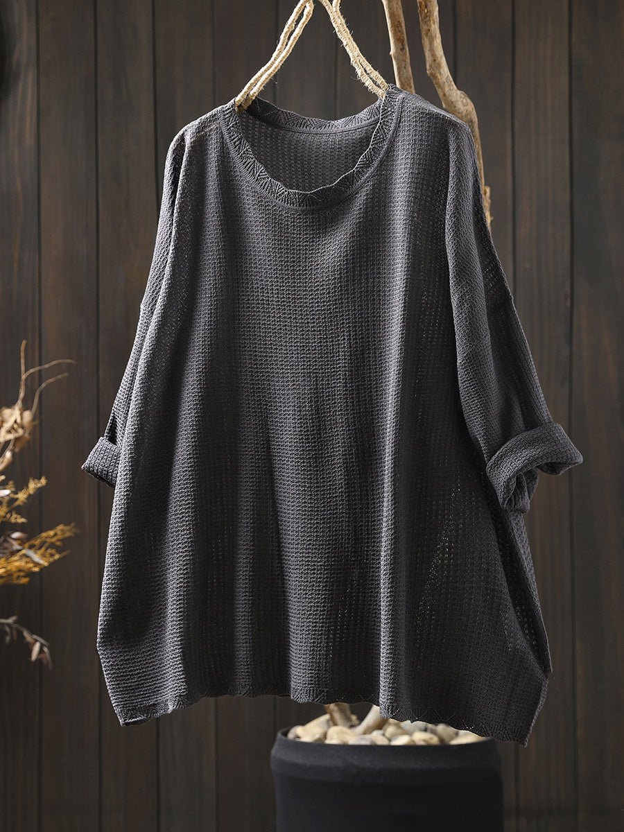Women Summer Artsy Pure Color Knitted O-Neck Shirt