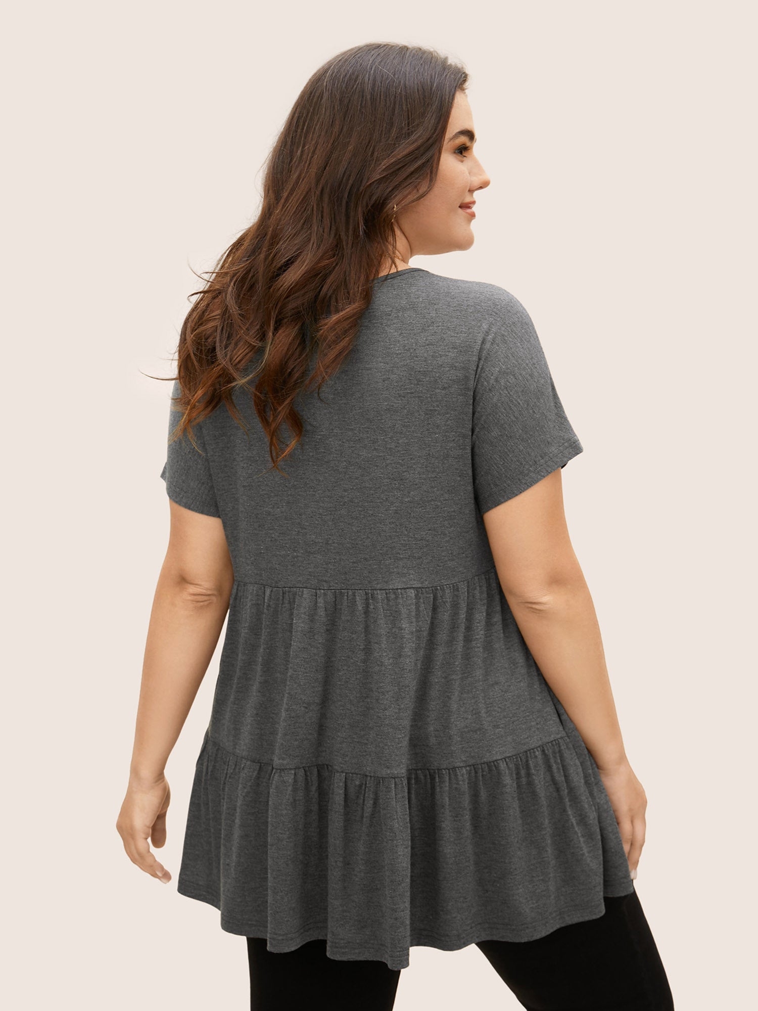 V Neck Button Detail Ruffle Layered Hem T-shirt