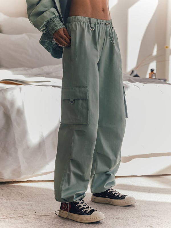 High Waisted Loose Drawstring Elasticity Pockets Split-Joint Pants Trousers
