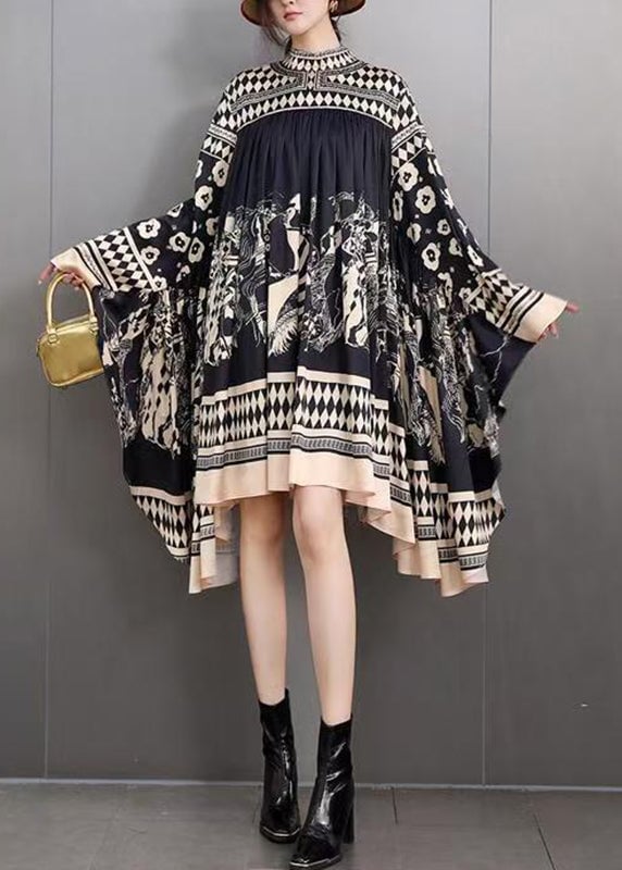 DIY Black Turtleneck Print Cotton Maxi Dresses Batwing Sleeve Fall